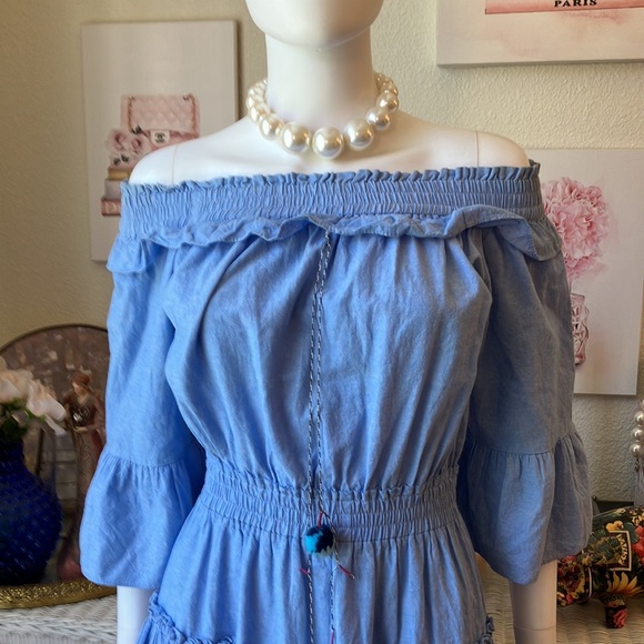 Miso Los Angeles 100% Cotton chambray ruffle tiered dress blue color Size - Picture 2 of 11